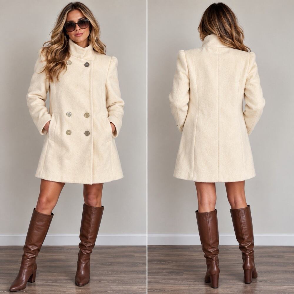 Vtg 70s Larry Levine Wool Coat Union Made USA Ivory Double Breasted Old Money M
